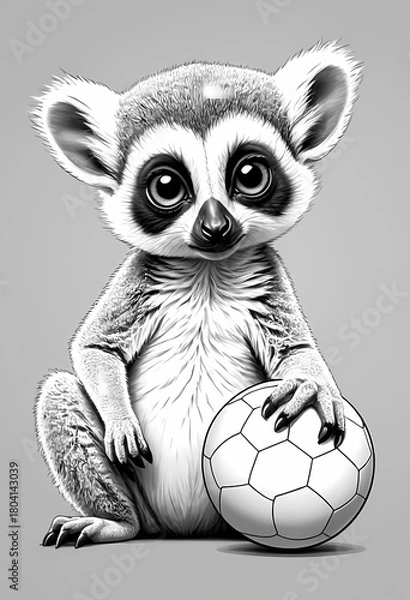 Fototapeta Cute lemur playing with a ball, simple black and white preschool coloring page