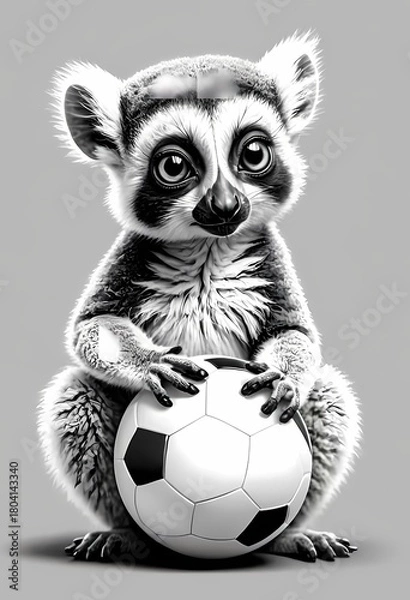 Fototapeta Cute lemur playing with a ball, simple black and white preschool coloring page