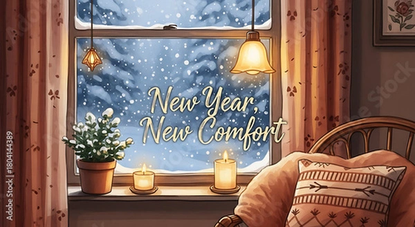 Fototapeta Cozy new year scene with snow outside window, new year event