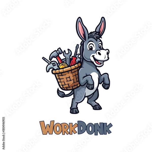 Fototapeta Playful Cartoon Donkey Mascot Logo Carrying Tools Basket Hammer Wrench Coins | Cheerful Hardworking Animal Character Flat Vector Illustration and Branding Pack