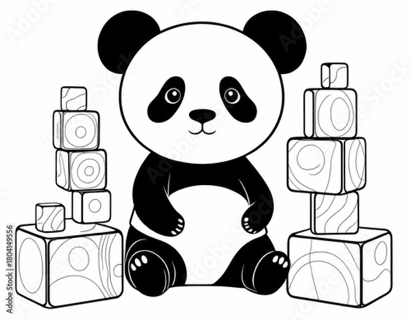 Fototapeta Cute panda stacking toy blocks, simple black and white children’s coloring page