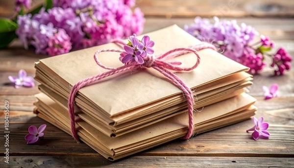Fototapeta Vintage Letters Stacked with Lilac Flowers and Twine on Wooden Surface.