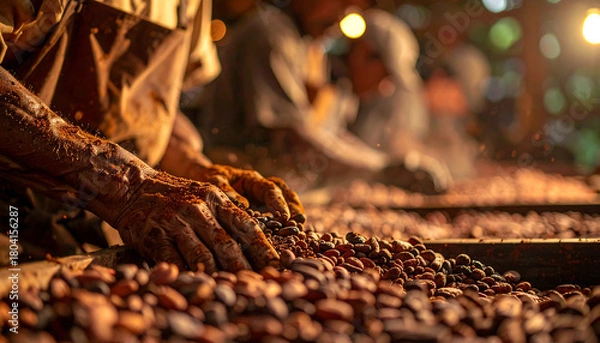 Fototapeta Expert hands sorting fresh cocoa beans with care, highlighting the rich tradition and skilled craftsmanship of chocolate making