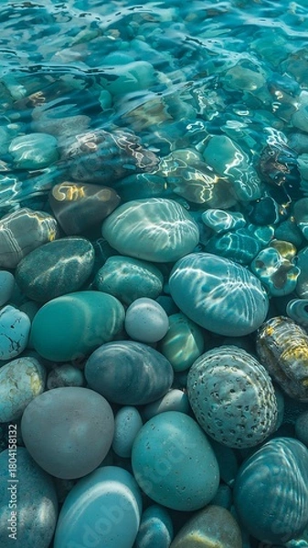Fototapeta Tranquil turquoise water ripples over smooth river stones, creating a serene, calming, and refreshing nature background for mindful meditation