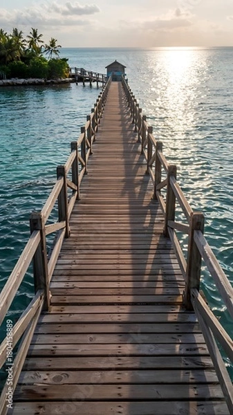 Fototapeta Dreamy ocean getaway with tranquil pier leading to serene tropical island, perfect for travel inspiration and destination marketing visuals