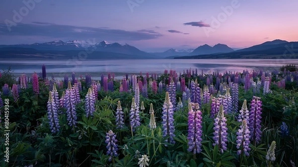 Fototapeta Stunning lupine field blooming at dusk with snow-capped mountains reflecting on lake, a scene of tranquil beauty and natural wonder
