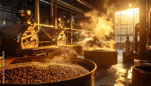 Fototapeta Golden coffee beans roasting with steam in industrial setting, highlighting quality and tradition, perfect for branding and advertising
