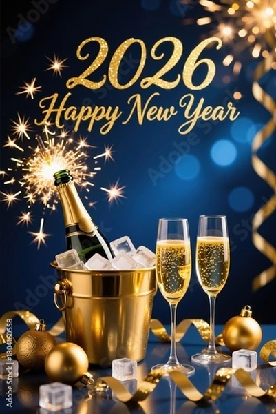 Fototapeta Champagne bottle in a golden bucket with ice and sparkler, two glasses of bubbly, and gold ornaments against a dark blue, festive background. New Year 2026 celebration.