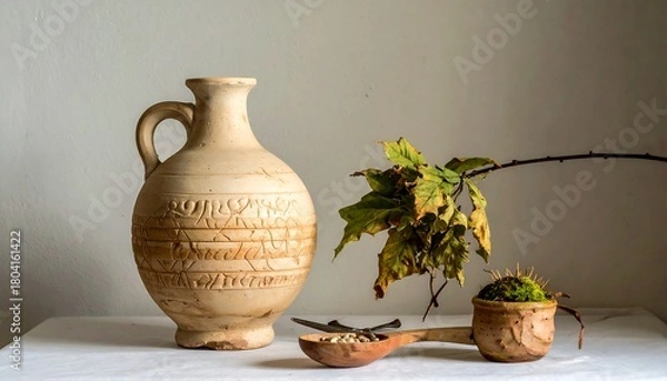 Fototapeta Still Life with Ceramic Vase and Dried Leaves Arrangement.