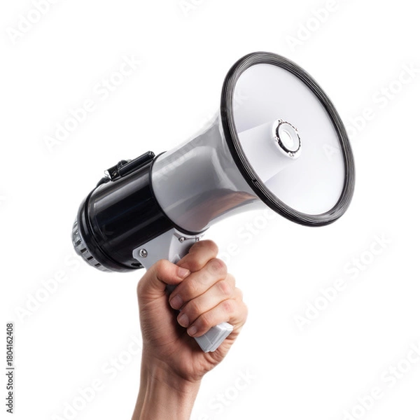 Obraz Hand Holding White and Black Megaphone on White Background