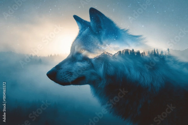 Fototapeta Wolf silhouette with mountains and starry sky in double exposure style