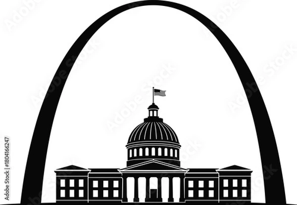 Obraz Gateway Arch St. Louis and Missouri State Capitol building silhouette vector, USA travel landmark architecture monochromatic design element background