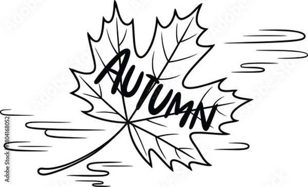 Fototapeta Autumn leaf with autumn word on it in black and white drawing