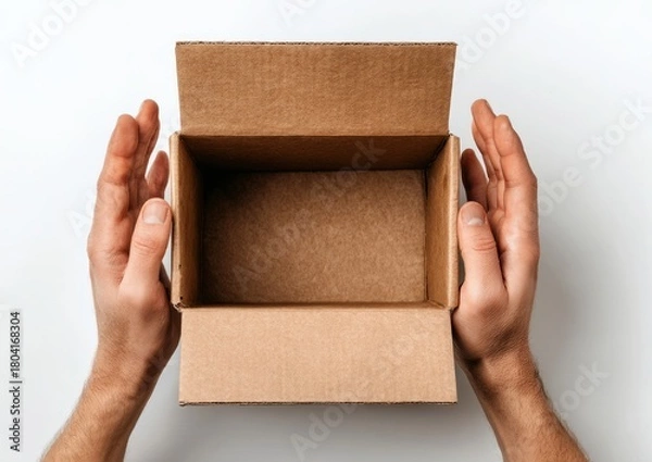Fototapeta Hands Holding Open Cardboard Box Empty Interior Flat Lay White Background