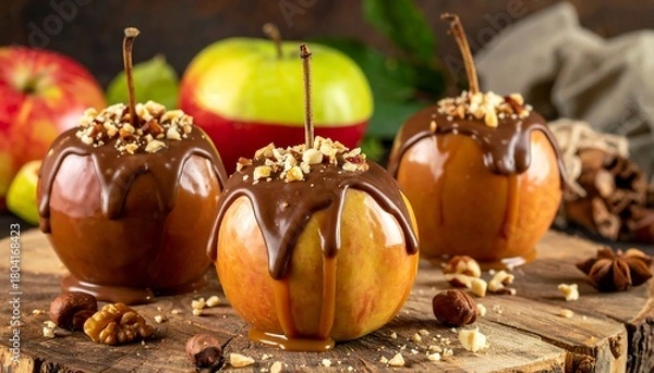 Fototapeta Delicious Caramel Apples with Chocolate and Nuts - A Sweet Treat.