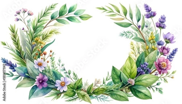 Fototapeta Watercolor Floral Wreath with Lavender and Greenery for Invitations.