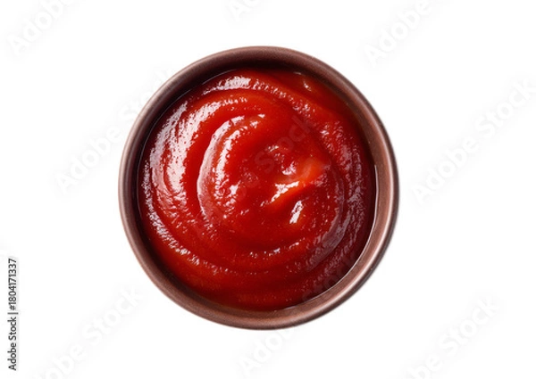 Obraz Bowl of Bright Red Tomato Ketchup in Small Brown Dish on White Surface