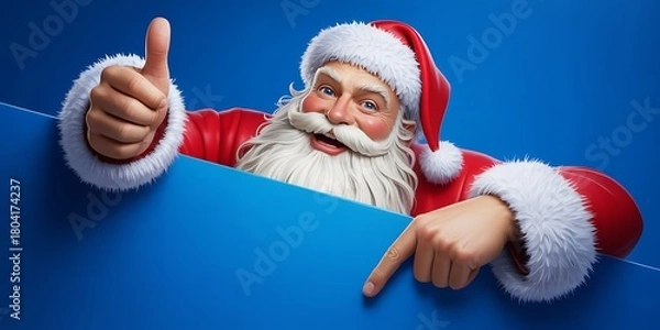 Fototapeta Cheerful Santa Claus with white beard points down, gives thumbs up against blue backdrop