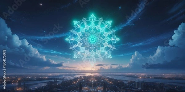 Fototapeta Glowing mandala hovers serenely above a futuristic cityscape during the twilight evening hours