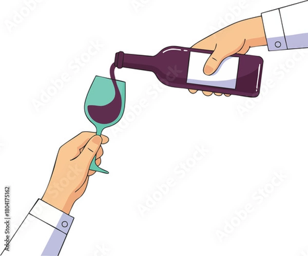 Fototapeta Hands pouring red wine from a bottle into a wine glass, simple clean illustration style