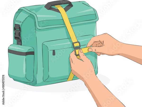 Fototapeta Hands tightening a yellow strap on a green backpack, adjusting the buckle securely