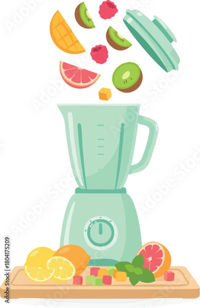 Fototapeta Fruits dropping into an open blender to prepare a fresh smoothie on a cutting board