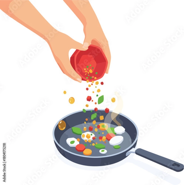 Fototapeta Person pouring chopped vegetables from a cutting board into a frying pan while cooking
