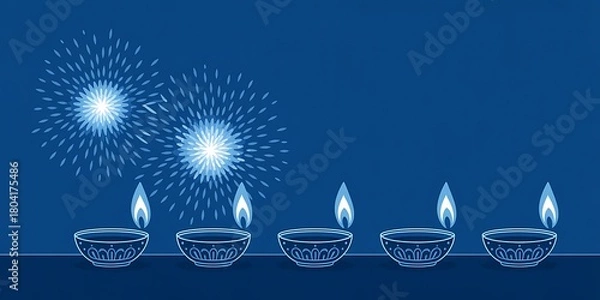 Fototapeta Lit diya lamps with intricate lineart designs are arranged against an abstract blue background