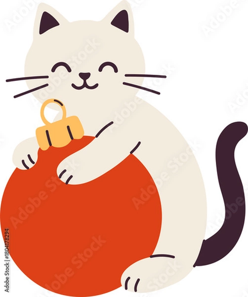 Fototapeta Cute Cat Hugging a Christmas Ornament for the Holidays