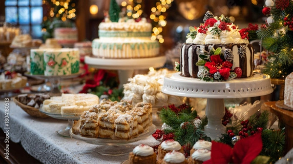 Fototapeta Christmas-Themed Bakery Display with Cookies, Cakes, and Festive Decorations