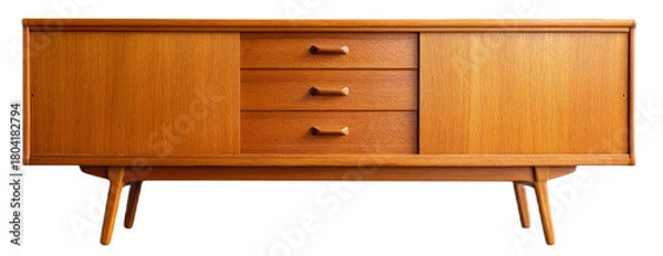 Obraz Mid-Century Modern Wooden Sideboard with Sliding Doors and Drawers in Warm Finish