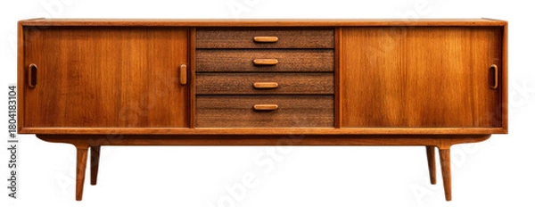 Obraz Mid century modern wooden sideboard with sliding doors and drawers in warm wood tones