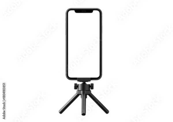 Fototapeta Smartphone on Tripod Stand with Empty Screen in Studio Setting for Technology and Mobile Marketing