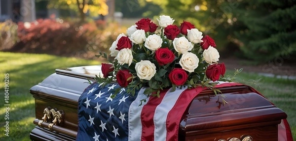 Fototapeta A solemn casket draped with the american flag adorned with a beautiful bouquet of red and white roses