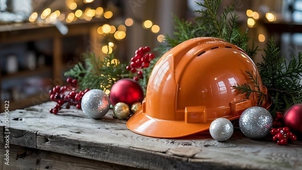 Fototapeta Orange hard hat adorned with festive christmas ornaments and evergreen branches on a rustic wooden surface with bokeh lights