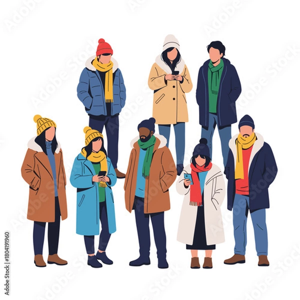 Fototapeta A diverse group of people dressed in warm winter coats and hats stand together.