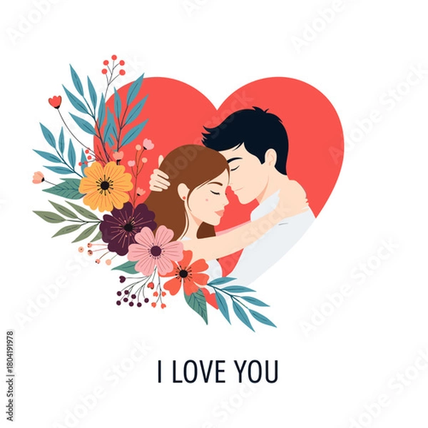 Fototapeta Romantic couple embracing surrounded by blooming flowers and leaves inside a large heart shape.