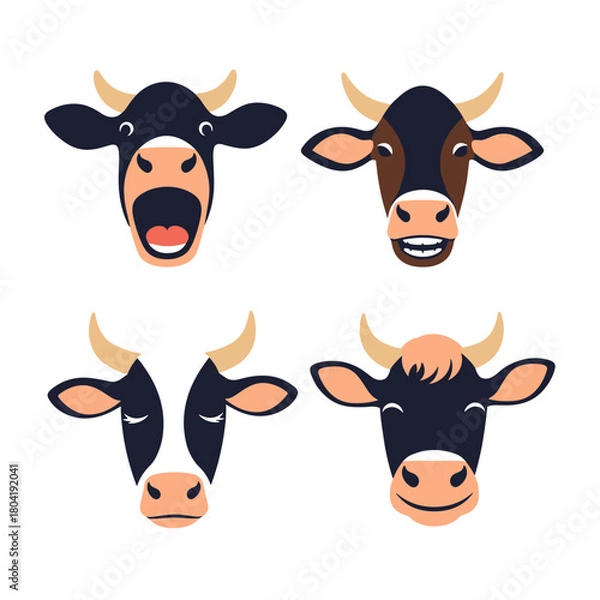 Fototapeta A collection of four adorable cow faces showing various expressions.