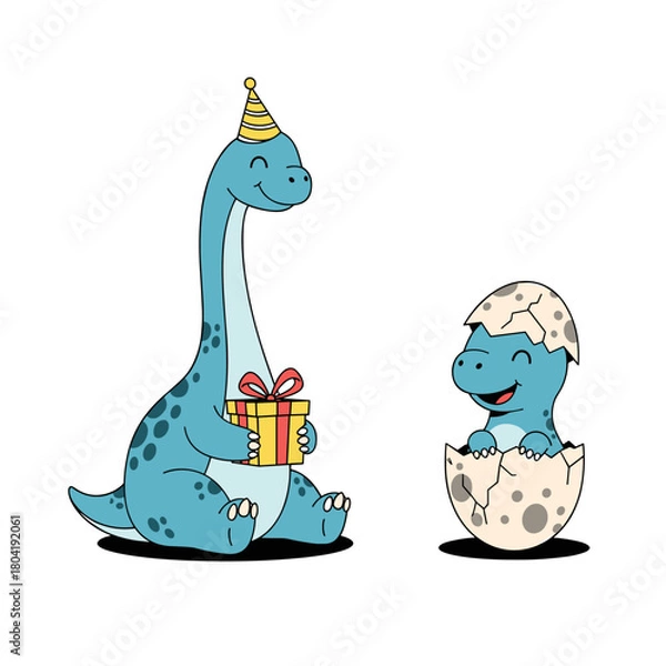 Fototapeta A friendly blue dinosaur with a party hat gives a present to a baby dinosaur hatching from an egg.