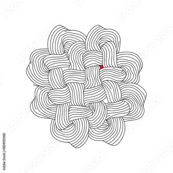 Fototapeta An intricate abstract design of woven lines in black and white with a single red accent.