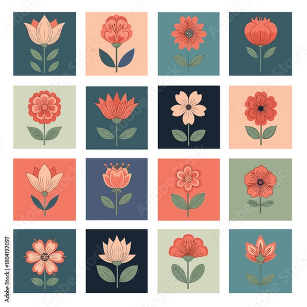 Fototapeta A collection of stylized floral illustrations in warm and cool tones.
