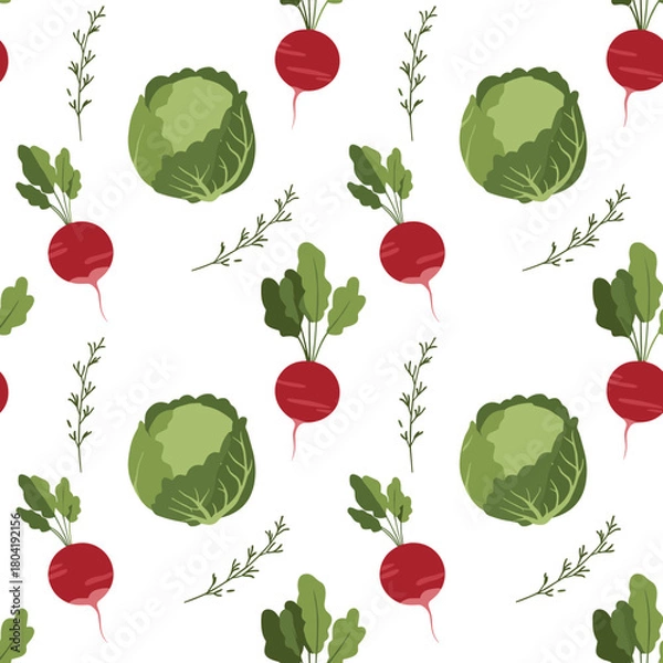 Fototapeta A delightful pattern featuring fresh cabbages and vibrant radishes