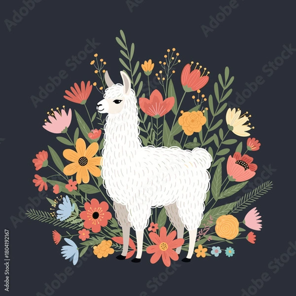 Fototapeta A fluffy white llama stands proudly surrounded by a vibrant bouquet of colorful wildflowers and lush green foliage.