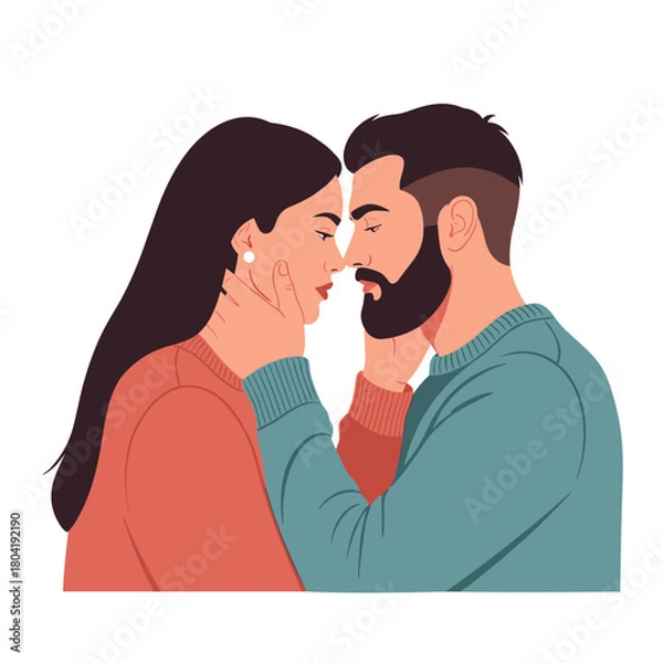 Fototapeta A couple sharing a tender moment with their foreheads touching.