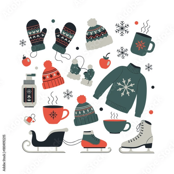 Fototapeta A festive collection of winter clothing and accessories including hats mittens and skates.
