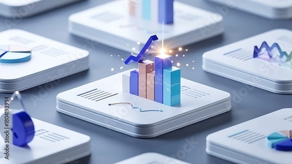 Fototapeta Abstract 3d render of a growing bar chart with glowing light effects on a futuristic digital display grid