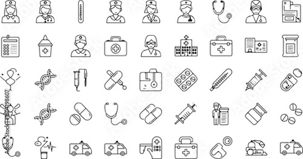 Obraz Medical Icon Set Collection Vector Illustration in Doodle Line Style