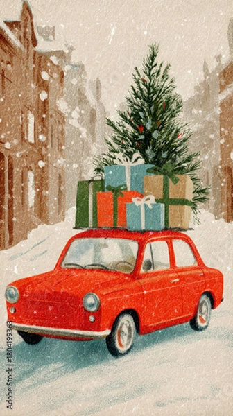 Fototapeta A classic red car decorated with colorful gifts and a green Christmas tree drives through a snowy landscape. The scene reflects the festive spirit of the 50s and 60s holiday season