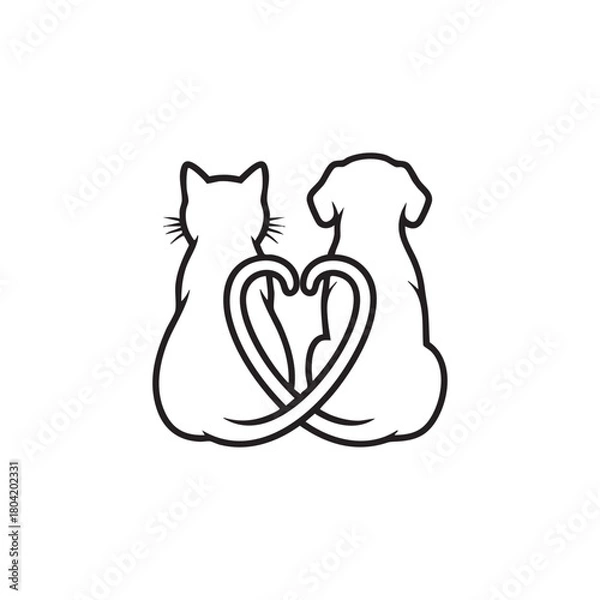Fototapeta Minimal black and white vector of cat and dog sitting with intertwined tails forming a heart Valentine's Day illustration