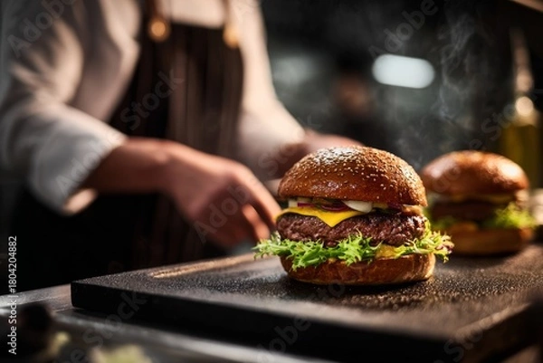 Obraz Juicy Cheeseburger with Lettuce Tomato and Cheese in a Sesame Seed Bun on Black Cutting Board